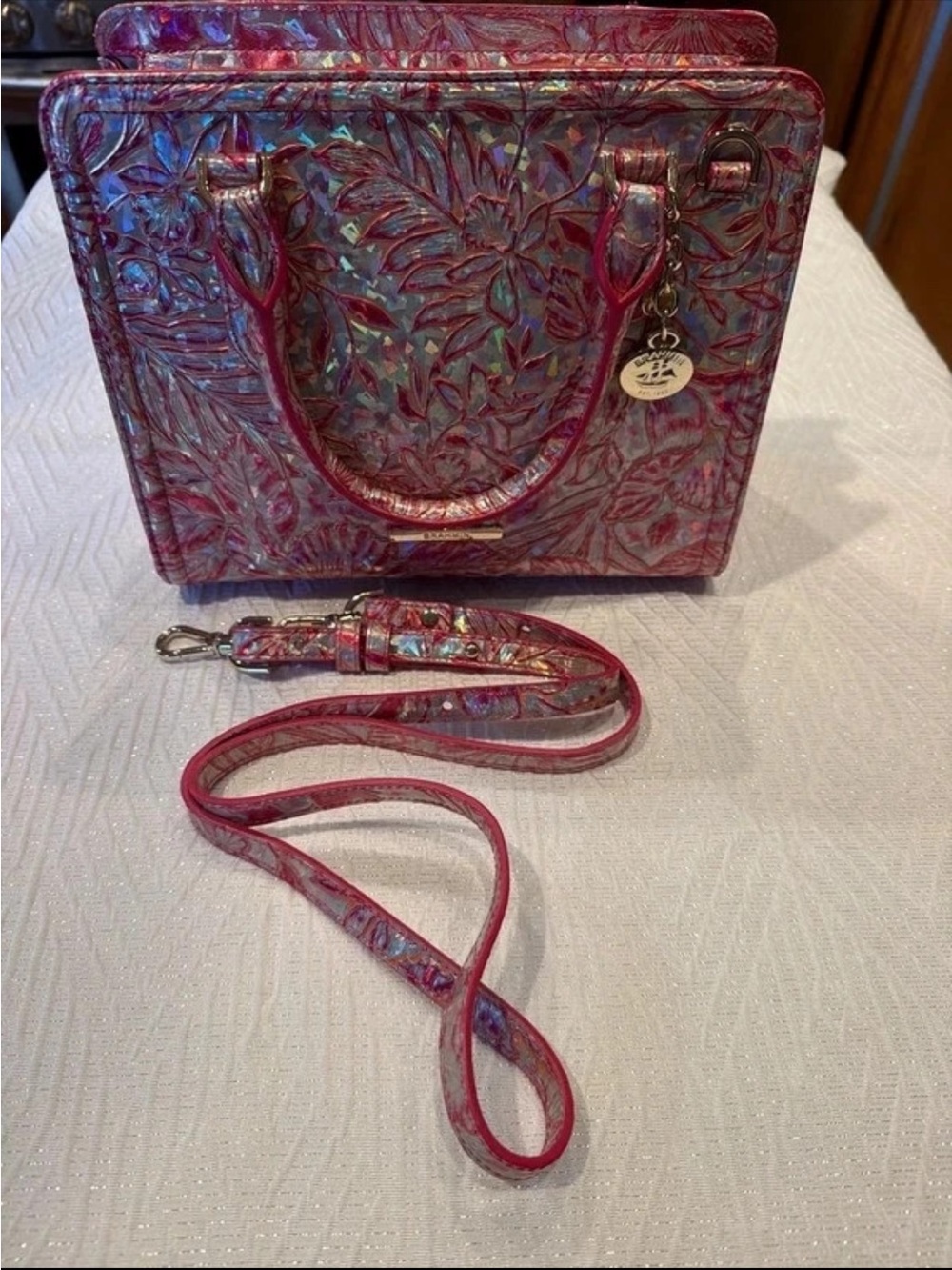 Bright Pink Embossed Floral Leather Satchel with Strap